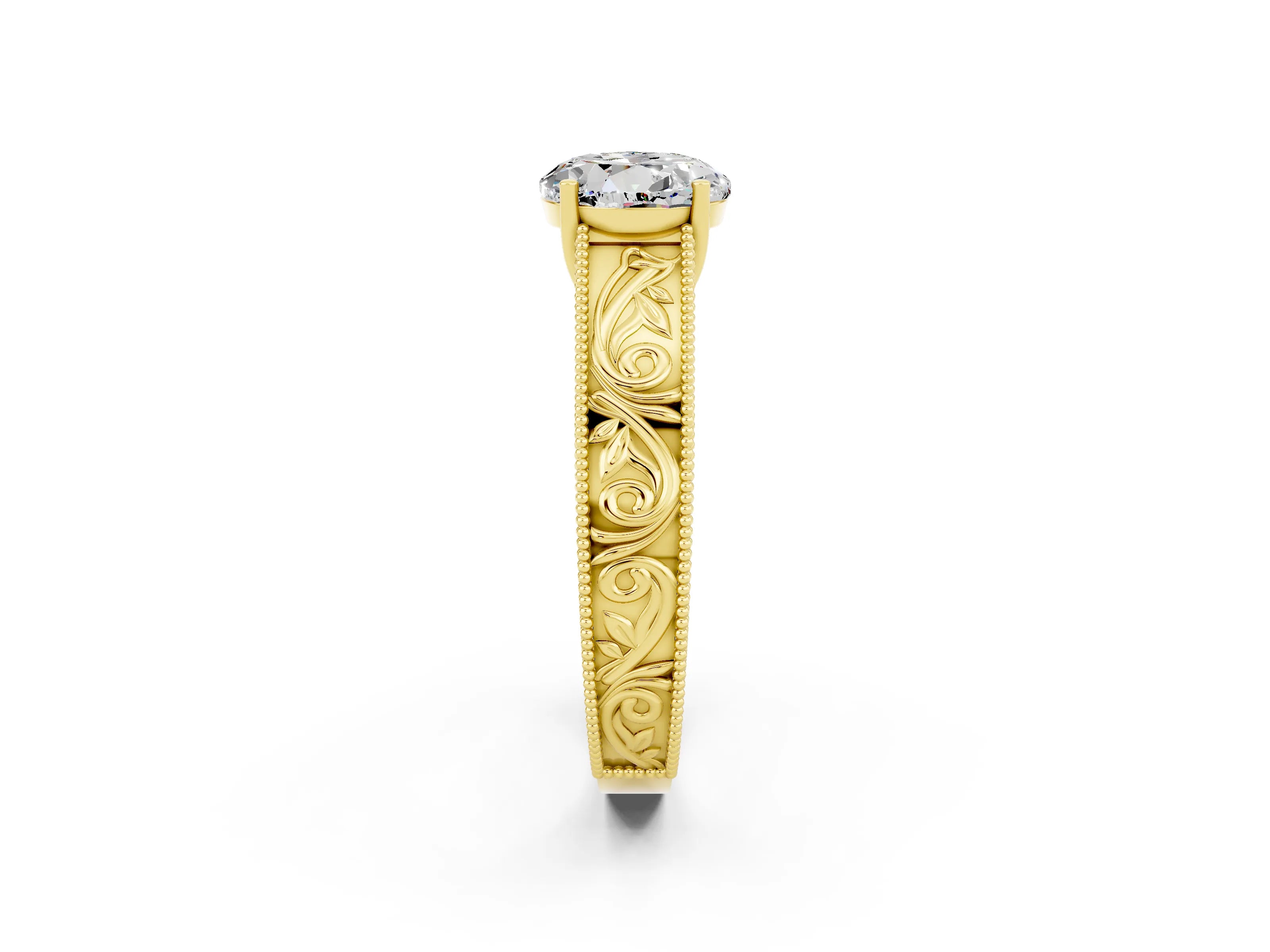 Yellow gold Round Cut Moissanite Solitaire Ring with Engraved Band and Four-Prong Setting_2