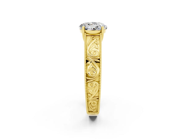 Yellow gold Round Cut Moissanite Solitaire Ring with Engraved Band and Four-Prong Setting