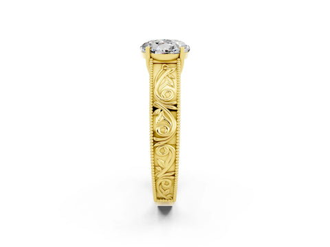 Yellow gold Round Cut Moissanite Solitaire Ring with Engraved Band and Four-Prong Setting_2