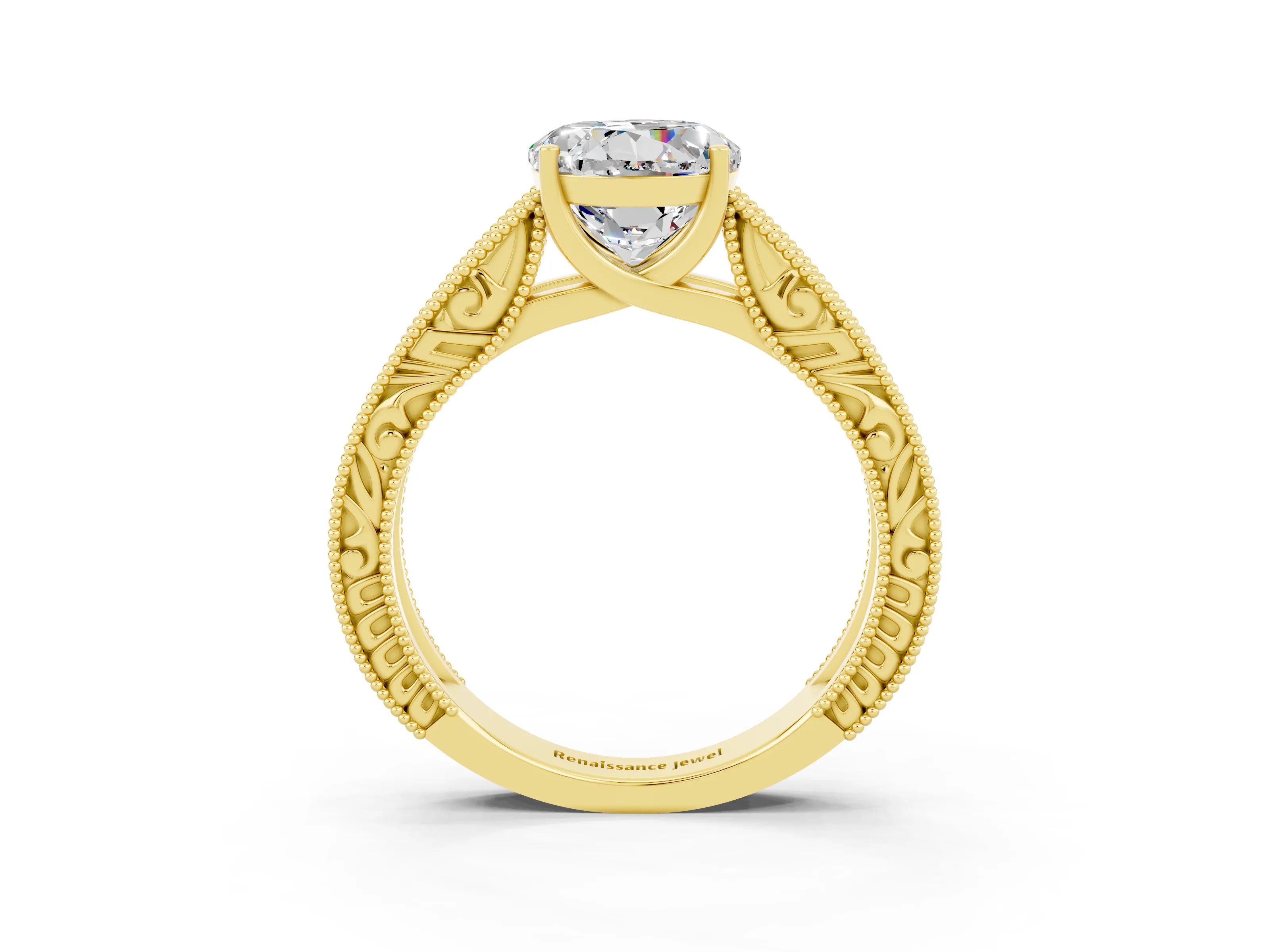 Yellow gold Round Cut Moissanite Solitaire Ring with Engraved Band and Four-Prong Setting_3