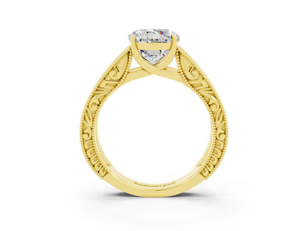 Yellow gold Round Cut Moissanite Solitaire Ring with Engraved Band and Four-Prong Setting
