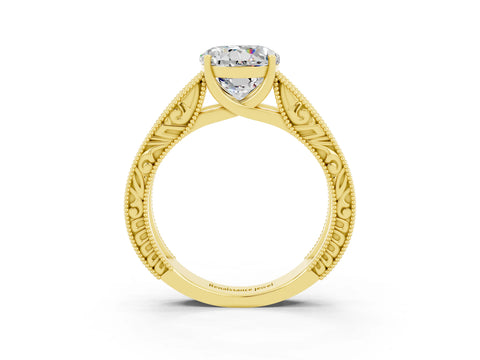 Yellow gold Round Cut Moissanite Solitaire Ring with Engraved Band and Four-Prong Setting_3