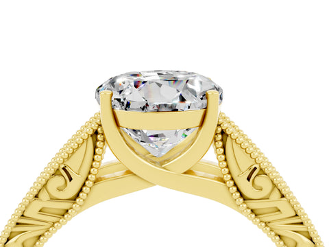 Yellow gold Round Cut Moissanite Solitaire Ring with Engraved Band and Four-Prong Setting_4