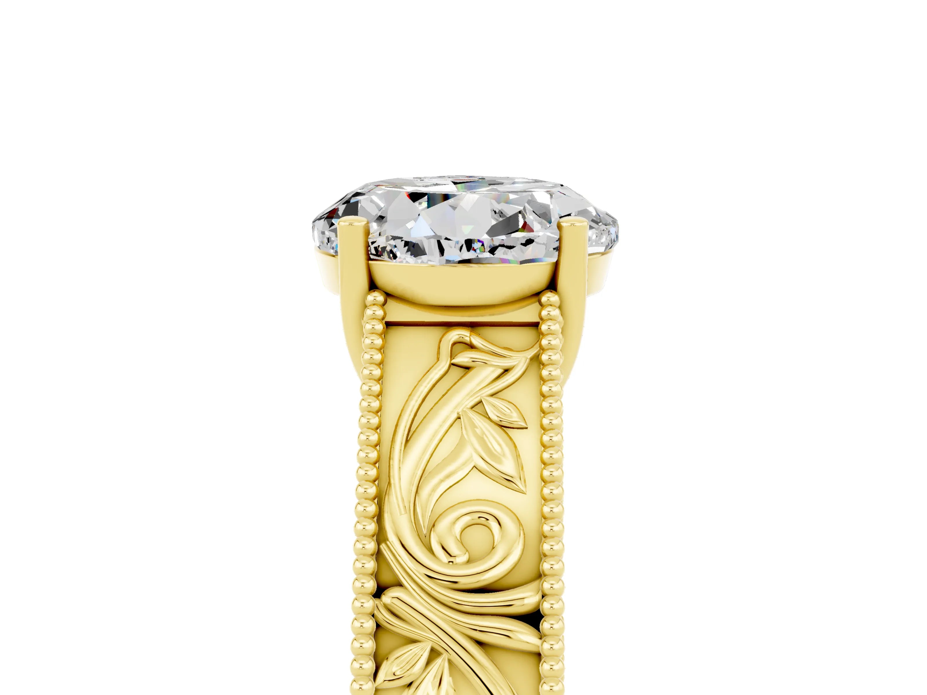 Yellow gold Round Cut Moissanite Solitaire Ring with Engraved Band and Four-Prong Setting_5