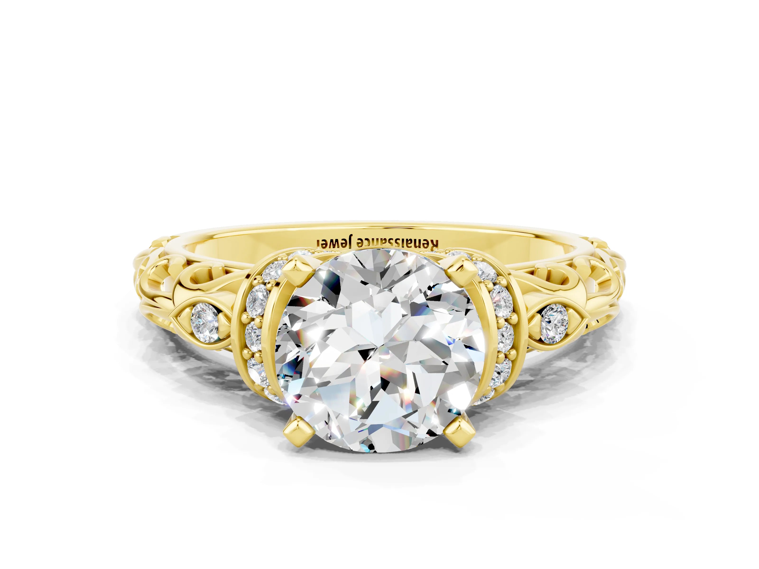 Yellow gold Round Cut Moissanite Solitaire Ring with Filigree Band and Four-Prong Setting_24