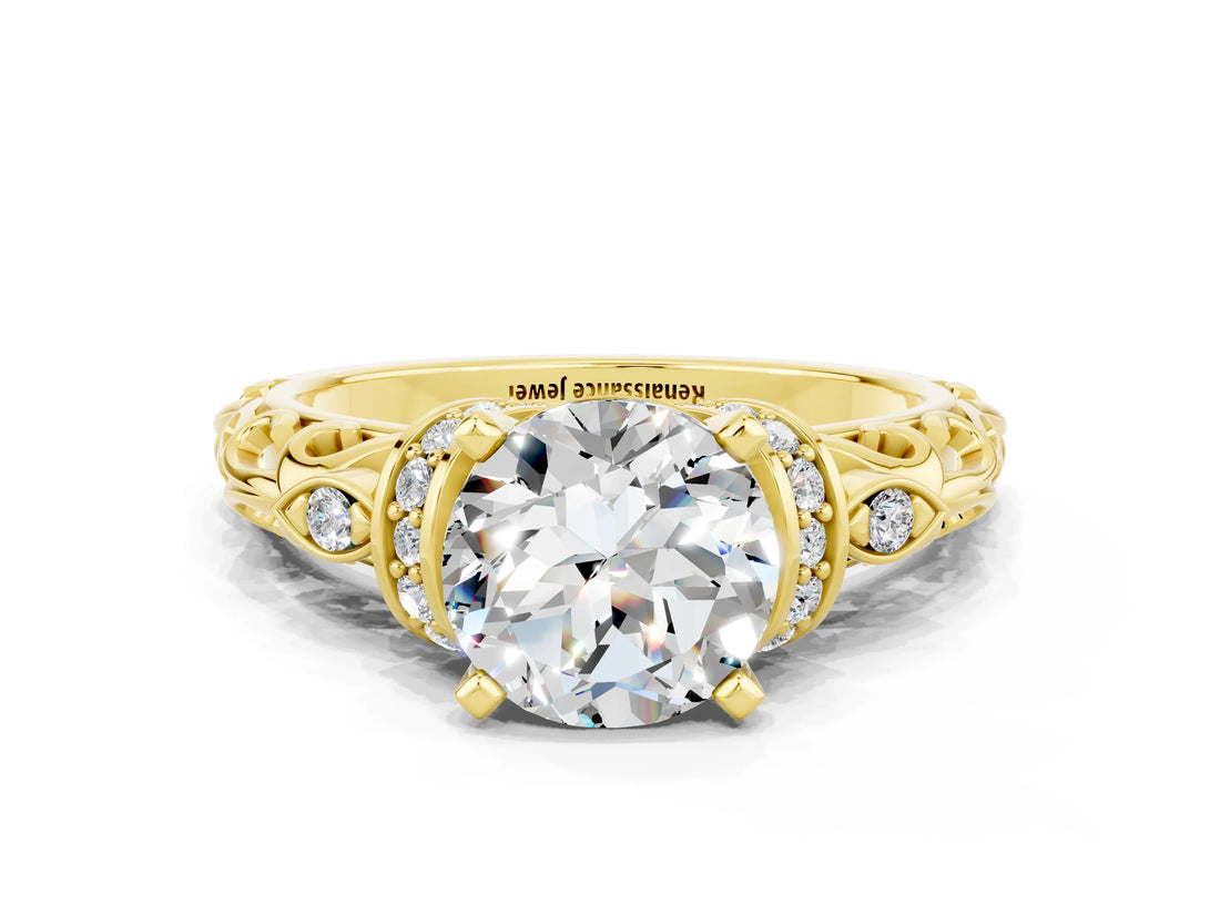 Yellow gold Round Cut Moissanite Solitaire Ring with Filigree Band and Four-Prong Setting_24