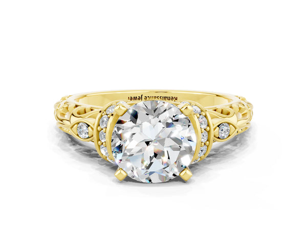 Yellow gold Round Cut Moissanite Solitaire Ring with Filigree Band and Four-Prong Setting