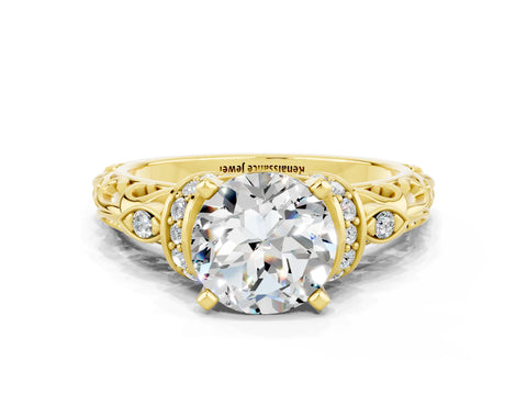 Yellow gold Round Cut Moissanite Solitaire Ring with Filigree Band and Four-Prong Setting_24