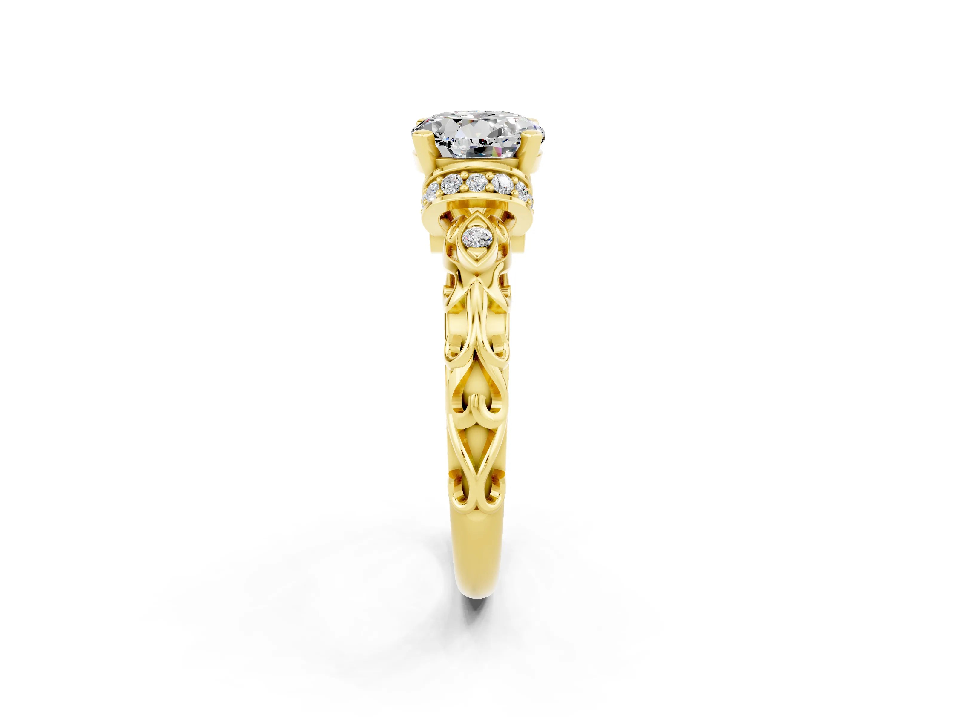 Yellow gold Round Cut Moissanite Solitaire Ring with Filigree Band and Four-Prong Setting_26