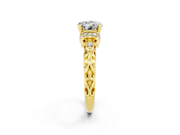 Yellow gold Round Cut Moissanite Solitaire Ring with Filigree Band and Four-Prong Setting