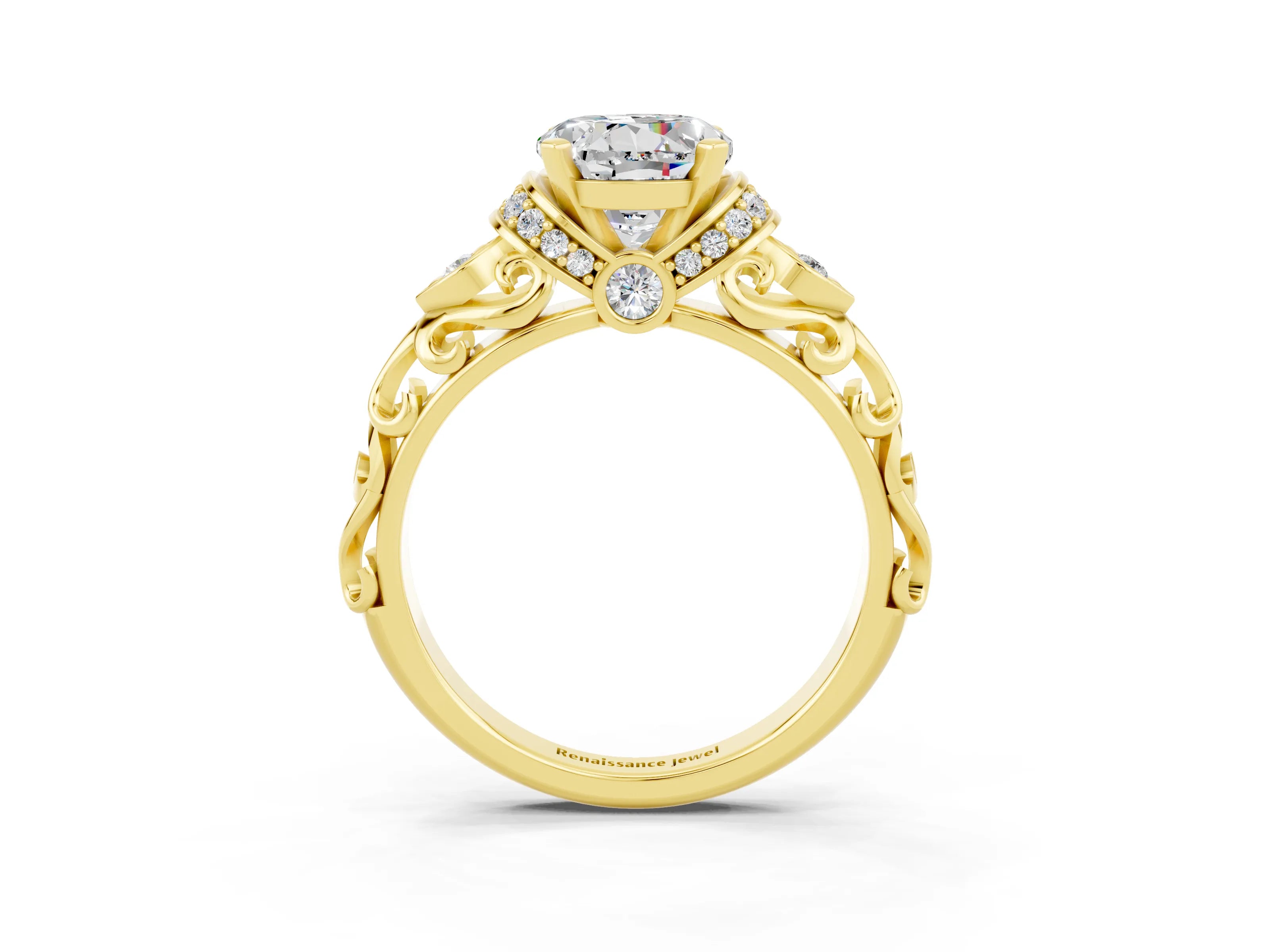 Yellow gold Round Cut Moissanite Solitaire Ring with Filigree Band and Four-Prong Setting_27