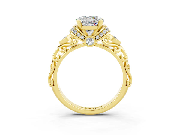 Yellow gold Round Cut Moissanite Solitaire Ring with Filigree Band and Four-Prong Setting