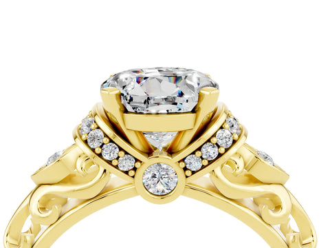 Yellow gold Round Cut Moissanite Solitaire Ring with Filigree Band and Four-Prong Setting_28