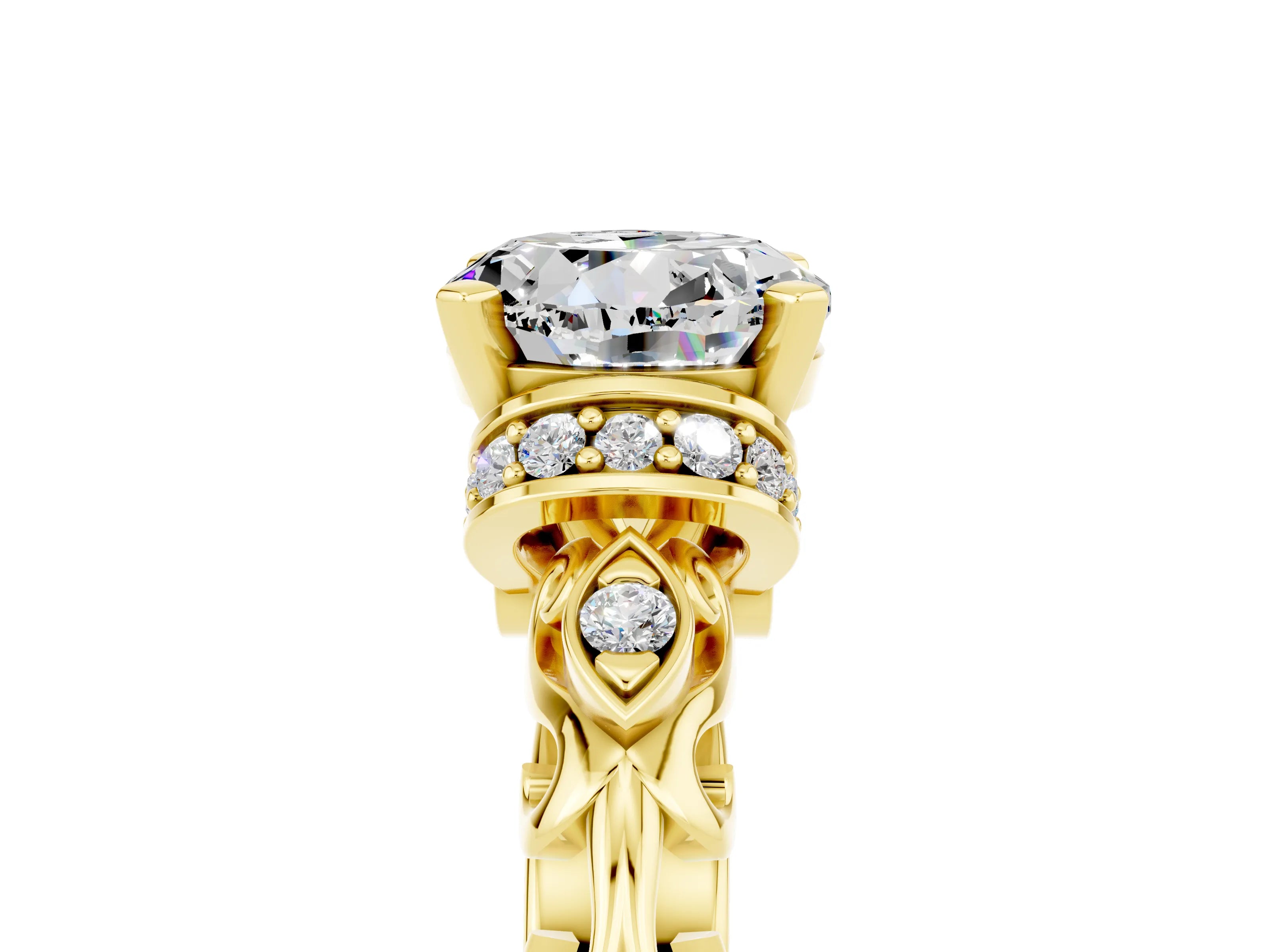 Yellow gold Round Cut Moissanite Solitaire Ring with Filigree Band and Four-Prong Setting_29