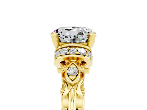 Yellow gold Round Cut Moissanite Solitaire Ring with Filigree Band and Four-Prong Setting_29