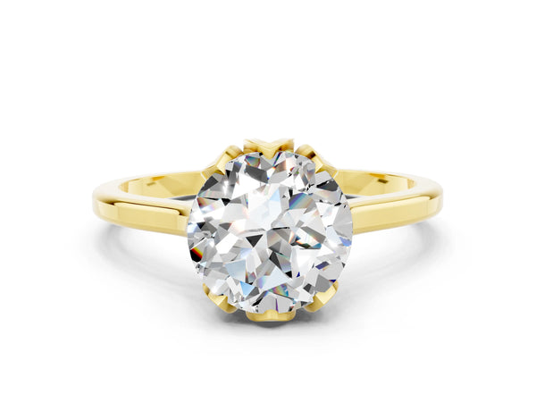 Yellow gold Round Cut Moissanite Solitaire Ring with Flower Prong Setting and Classic Band