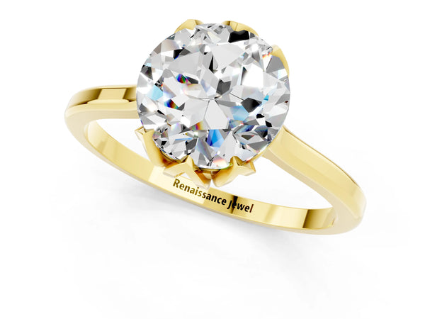 Yellow gold Round Cut Moissanite Solitaire Ring with Flower Prong Setting and Classic Band