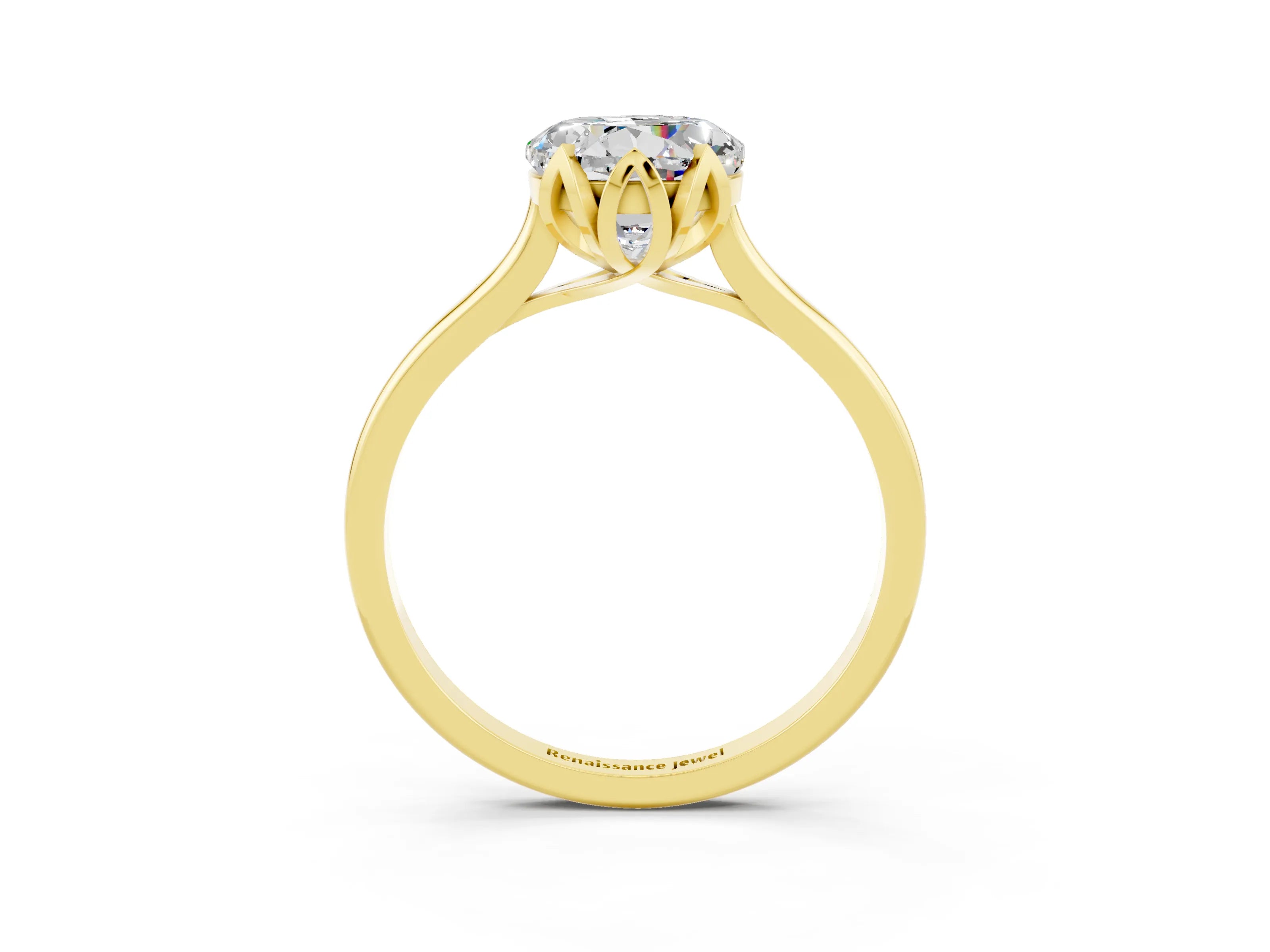 Yellow gold Round Cut Moissanite Solitaire Ring with Flower Prong Setting and Classic Band_15