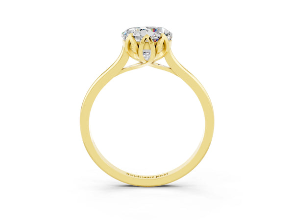 Yellow gold Round Cut Moissanite Solitaire Ring with Flower Prong Setting and Classic Band