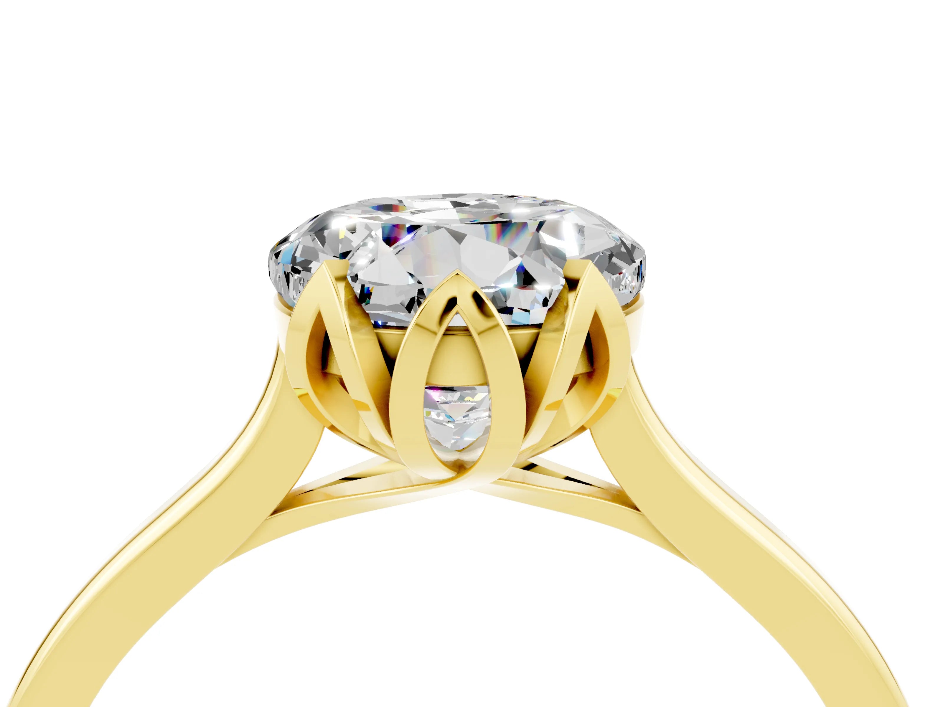 Yellow gold Round Cut Moissanite Solitaire Ring with Flower Prong Setting and Classic Band_16