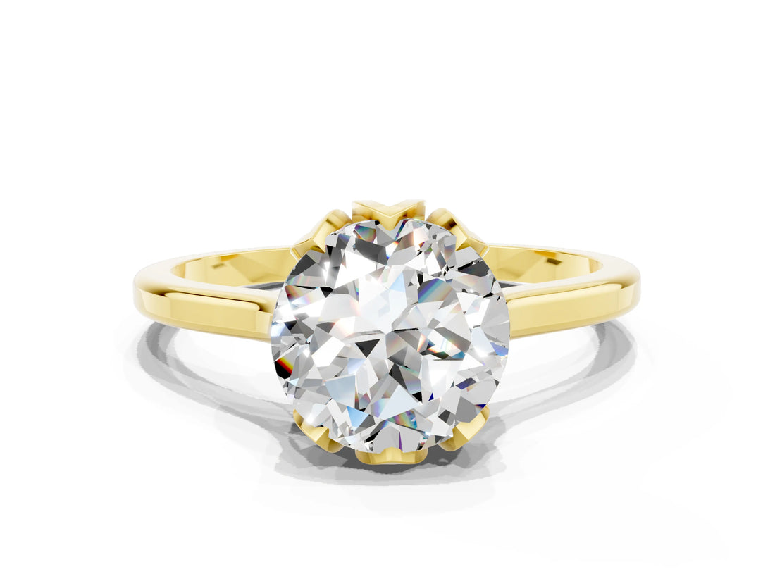Yellow gold Round Cut Moissanite Solitaire Ring with Flower Prong Setting and Classic Band_36