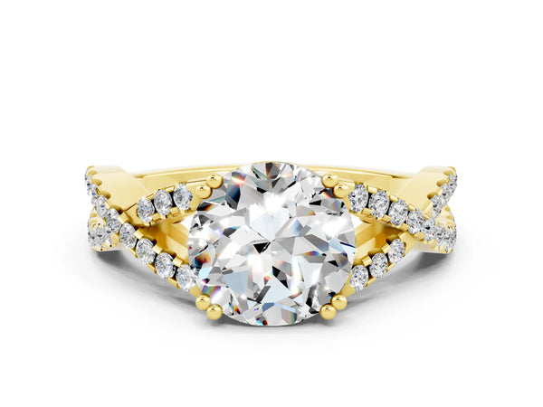 Yellow gold Round Cut Moissanite Solitaire Ring with Four-Prong Setting and Twisted Pavé Band