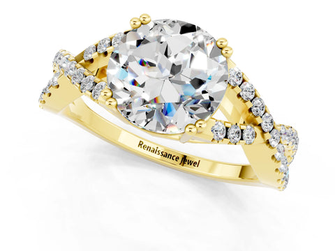 Yellow gold Round Cut Moissanite Solitaire Ring with Four-Prong Setting and Twisted Pavé Band_1