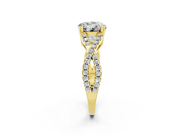 Yellow gold Round Cut Moissanite Solitaire Ring with Four-Prong Setting and Twisted Pavé Band