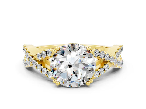 Yellow gold Round Cut Moissanite Solitaire Ring with Four-Prong Setting and Twisted Pavé Band