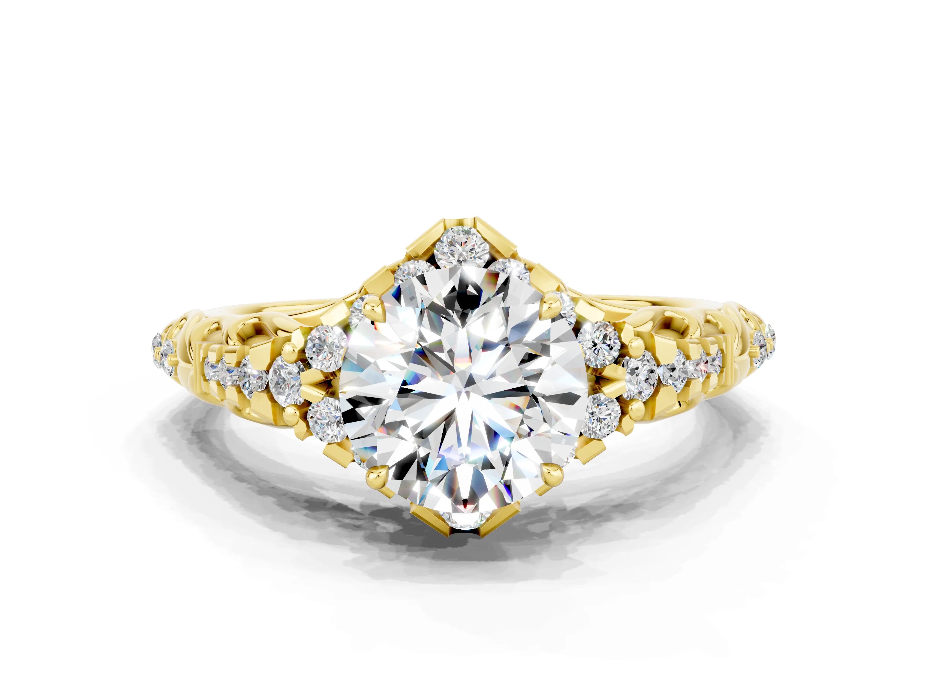 Yellow gold Round Cut Moissanite Solitaire Ring with Hidden Halo and Pavé Band_12