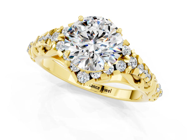 Yellow gold Round Cut Moissanite Solitaire Ring with Hidden Halo and Pavé Band