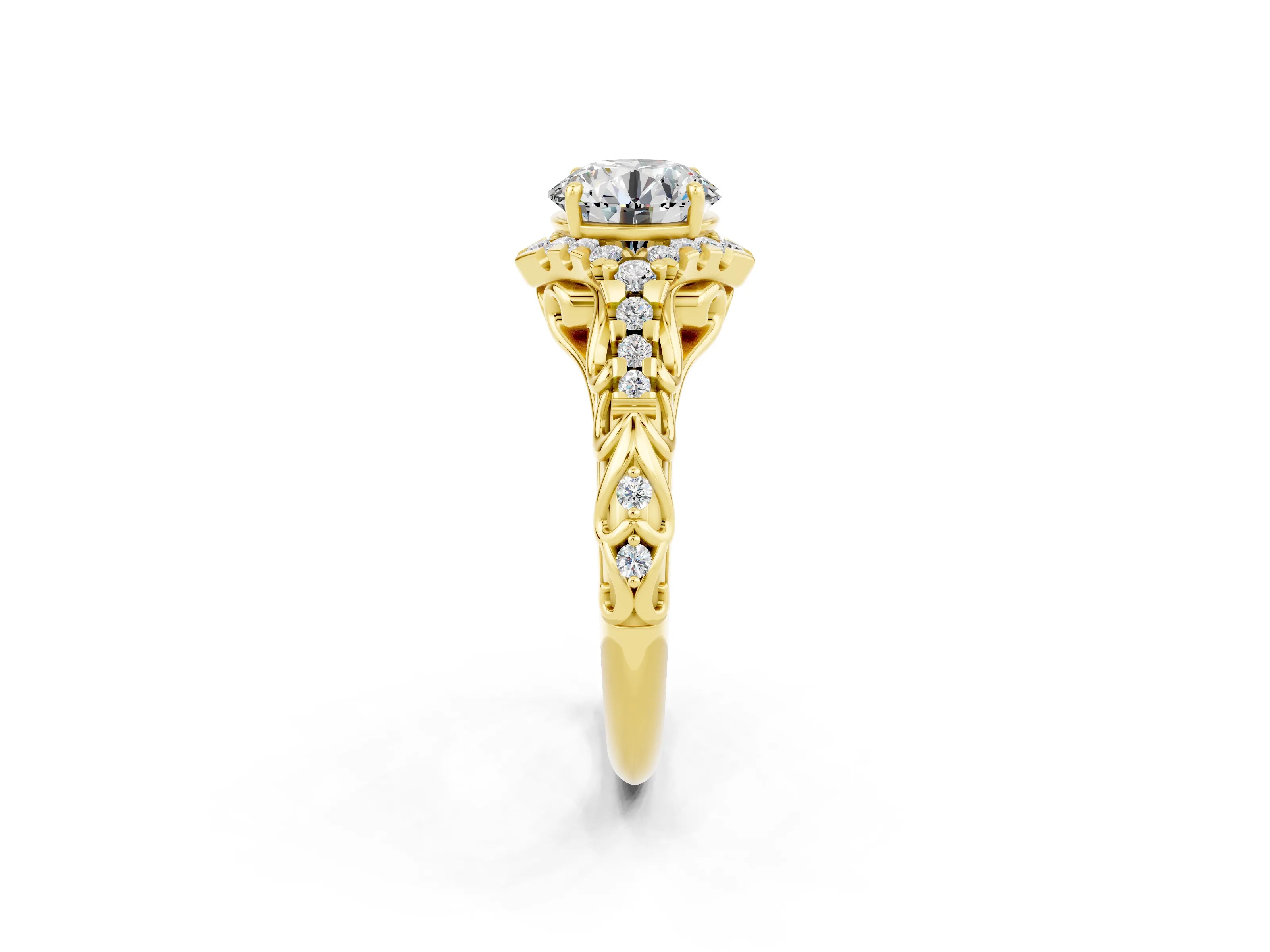 Yellow gold Round Cut Moissanite Solitaire Ring with Hidden Halo and Pavé Band_14