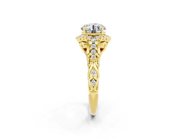 Yellow gold Round Cut Moissanite Solitaire Ring with Hidden Halo and Pavé Band