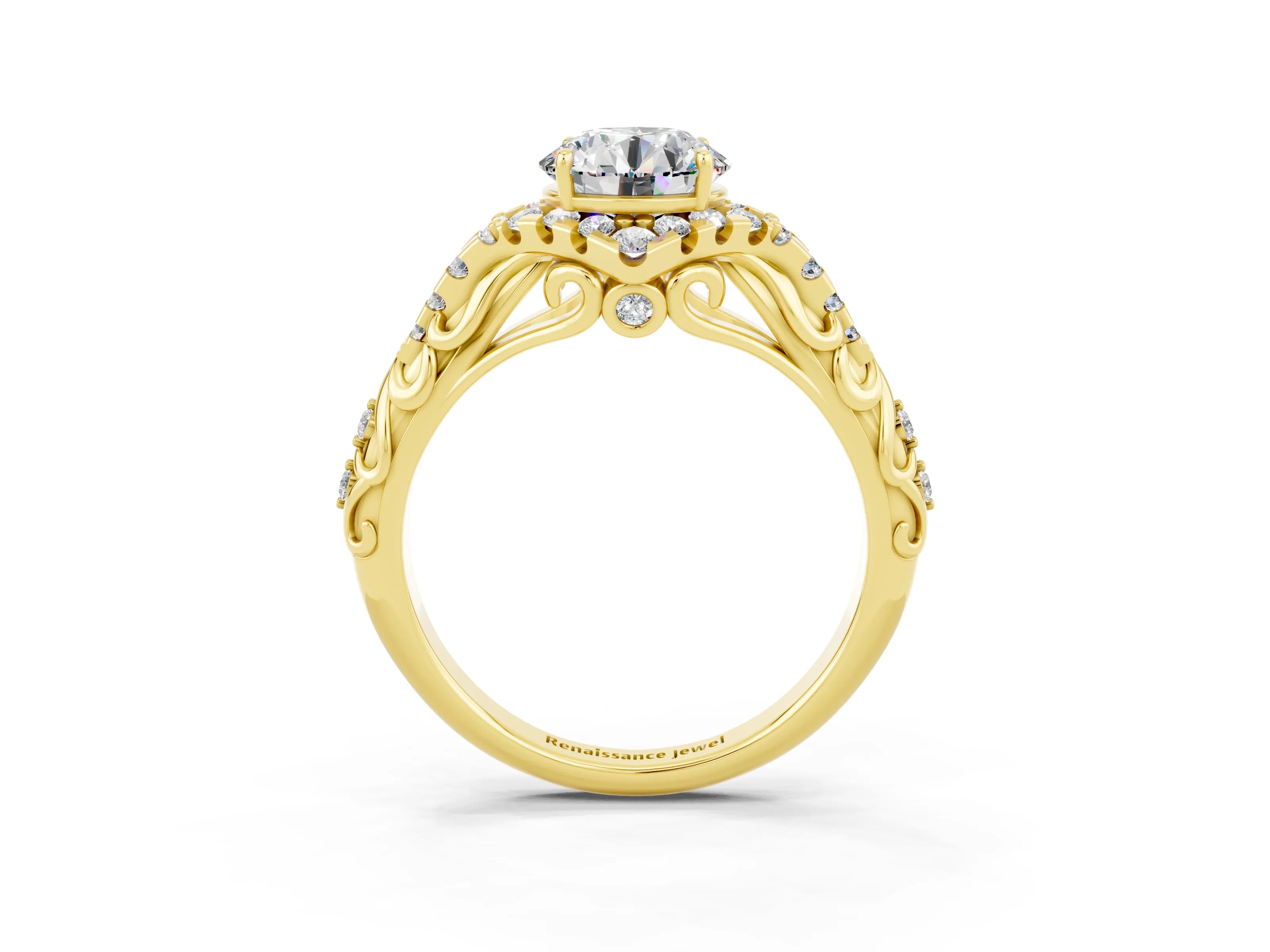 Yellow gold Round Cut Moissanite Solitaire Ring with Hidden Halo and Pavé Band_15