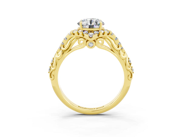 Yellow gold Round Cut Moissanite Solitaire Ring with Hidden Halo and Pavé Band
