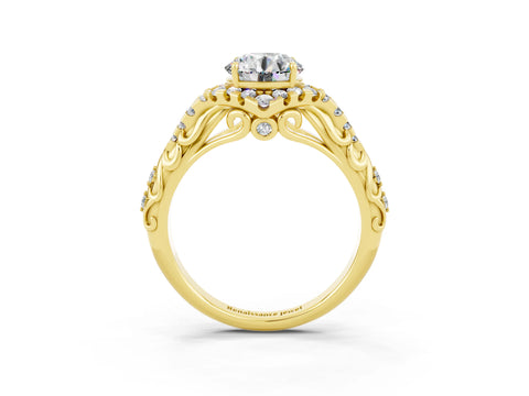 Yellow gold Round Cut Moissanite Solitaire Ring with Hidden Halo and Pavé Band_15
