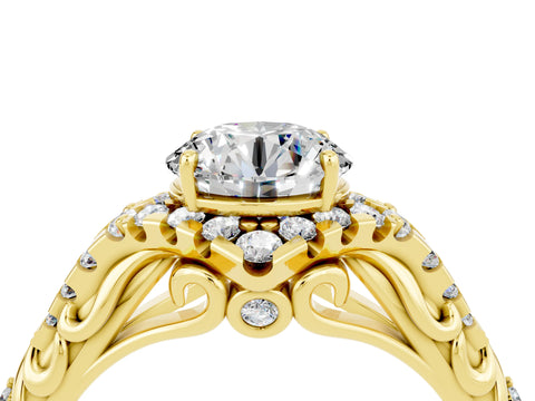 Yellow gold Round Cut Moissanite Solitaire Ring with Hidden Halo and Pavé Band_16