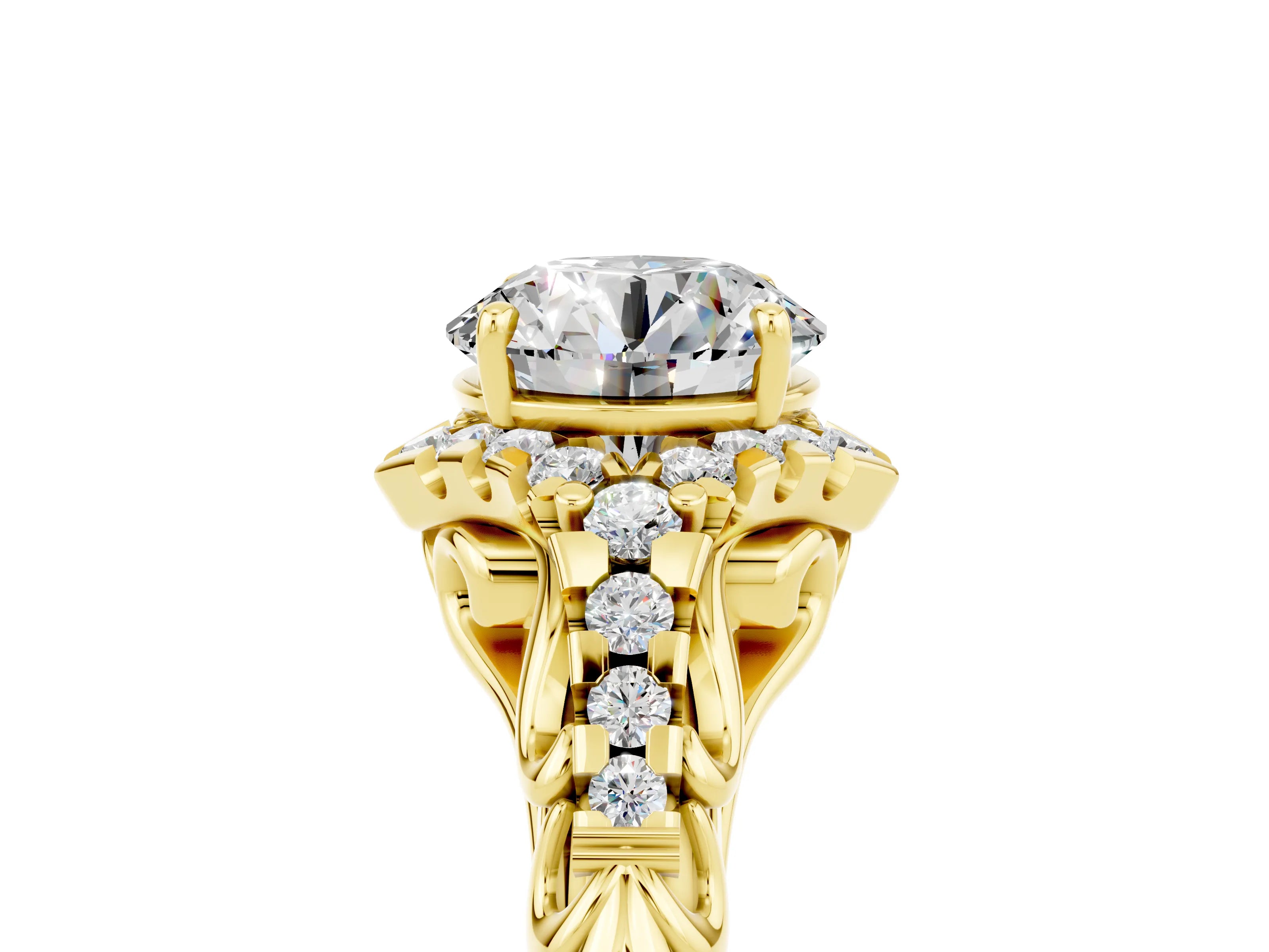 Yellow gold Round Cut Moissanite Solitaire Ring with Hidden Halo and Pavé Band_17