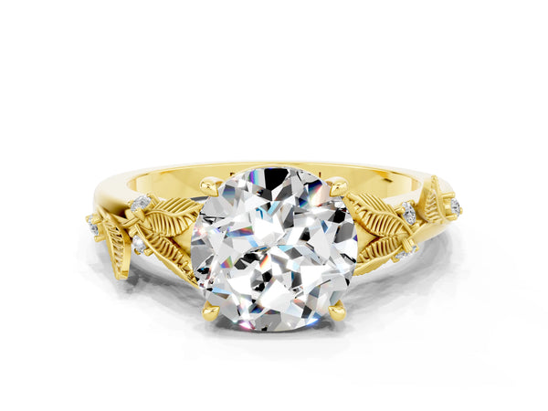 Yellow gold Round Cut Moissanite Solitaire Ring with Leaf Motif Band and Four-Prong Setting