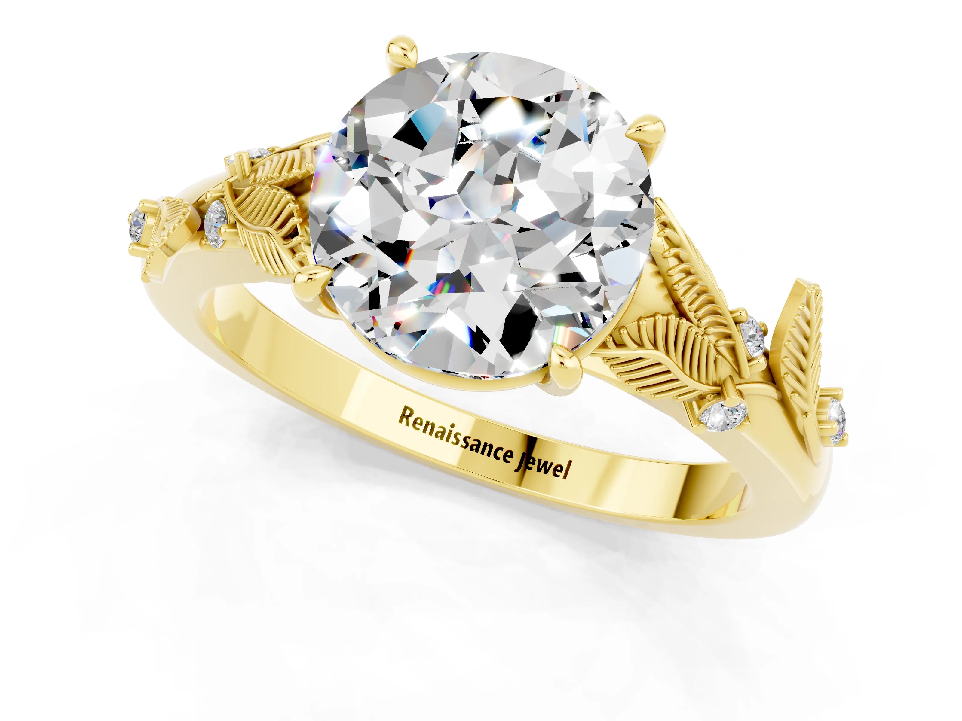 Yellow gold Round Cut Moissanite Solitaire Ring with Leaf Motif Band and Four-Prong Setting_1