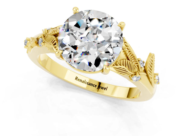 Yellow gold Round Cut Moissanite Solitaire Ring with Leaf Motif Band and Four-Prong Setting