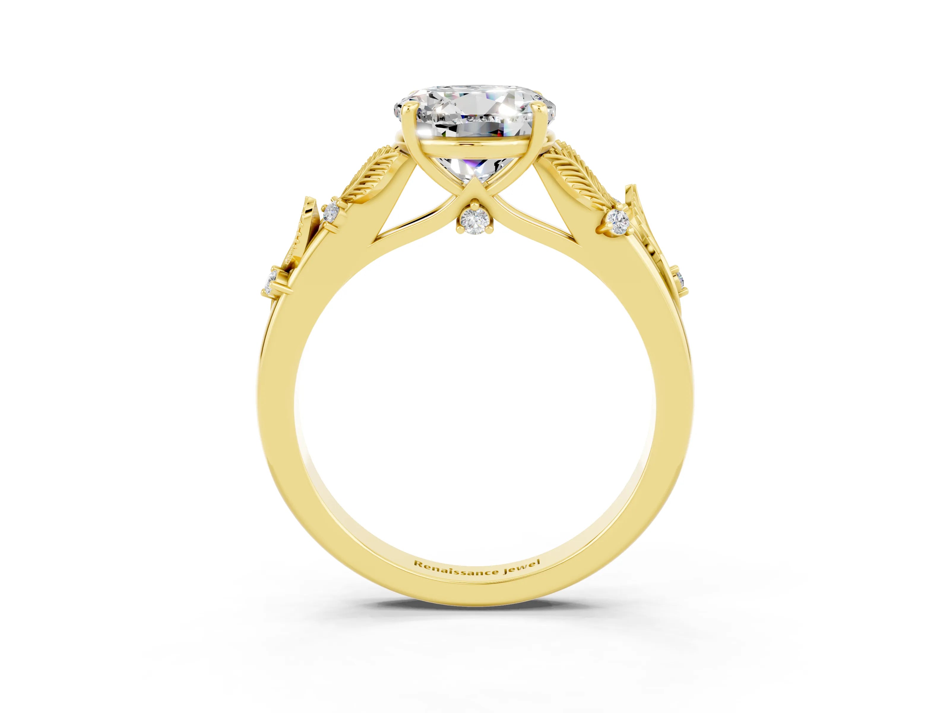 Yellow gold Round Cut Moissanite Solitaire Ring with Leaf Motif Band and Four-Prong Setting_3