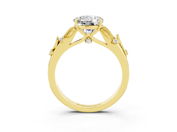 Yellow gold Round Cut Moissanite Solitaire Ring with Leaf Motif Band and Four-Prong Setting