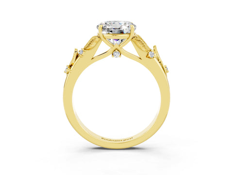 Yellow gold Round Cut Moissanite Solitaire Ring with Leaf Motif Band and Four-Prong Setting_3