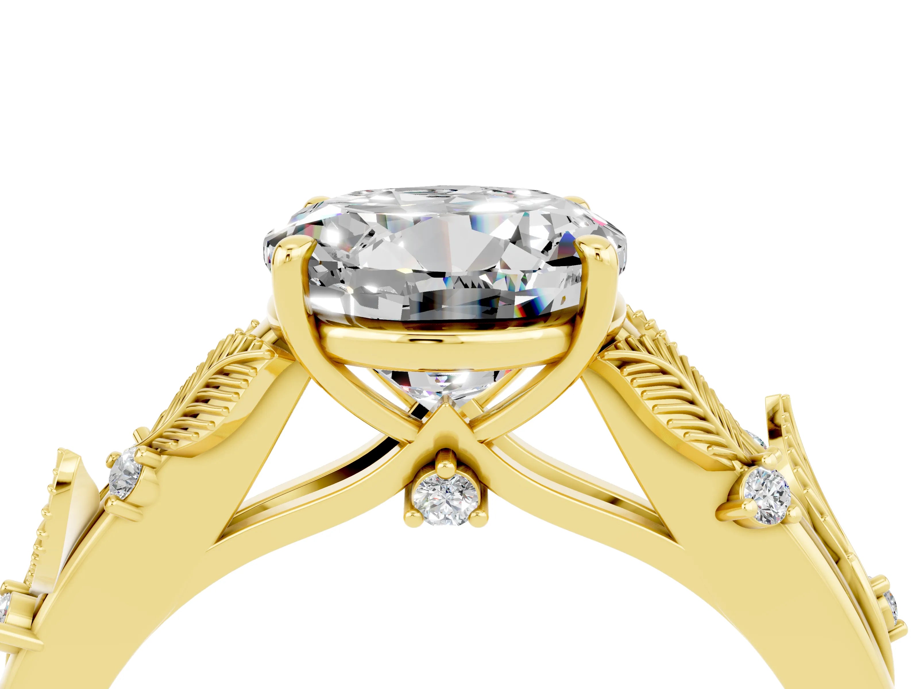 Yellow gold Round Cut Moissanite Solitaire Ring with Leaf Motif Band and Four-Prong Setting_4