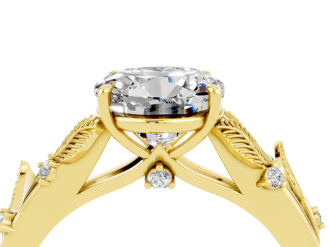 Yellow gold Round Cut Moissanite Solitaire Ring with Leaf Motif Band and Four-Prong Setting_4