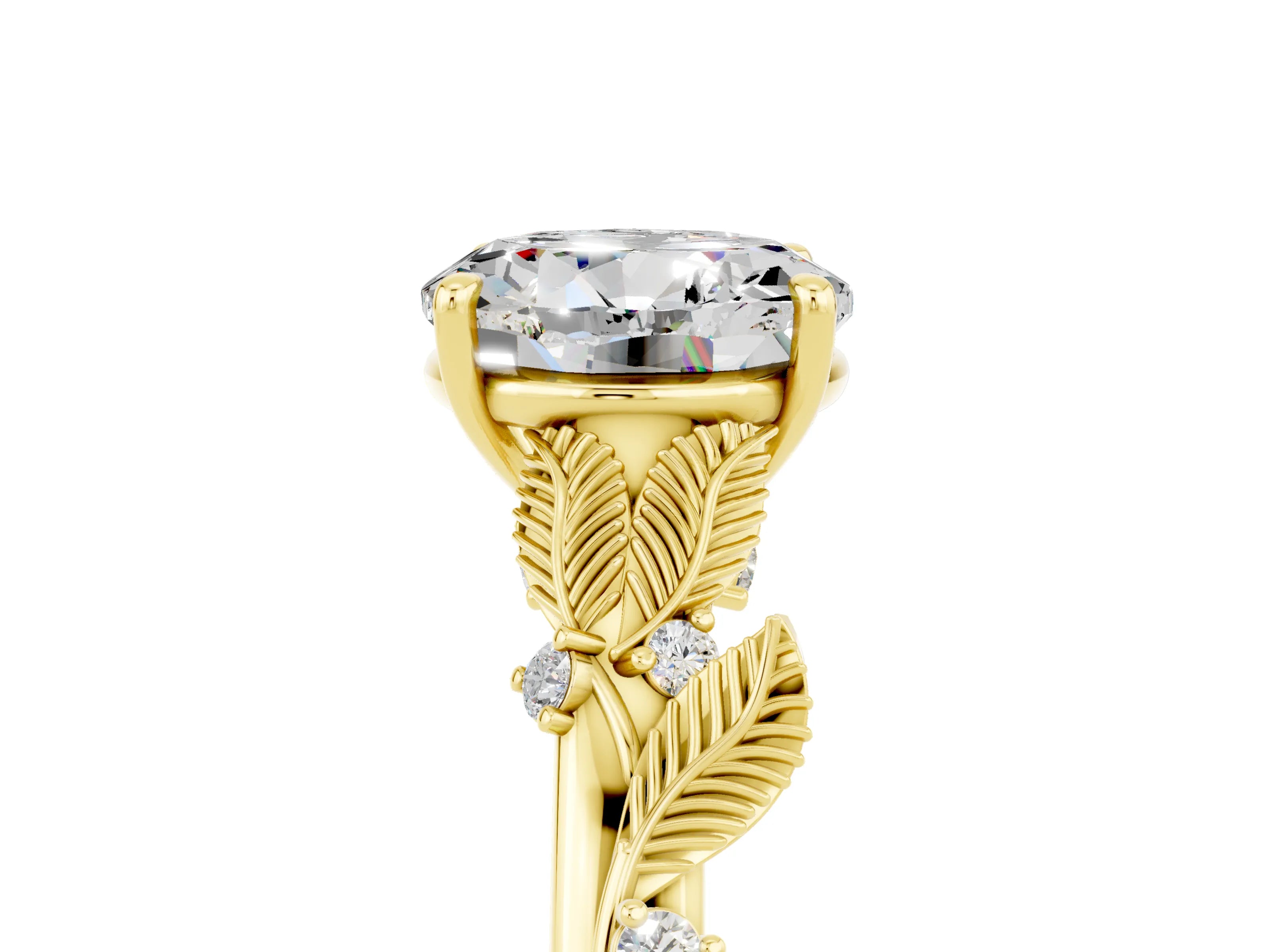 Yellow gold Round Cut Moissanite Solitaire Ring with Leaf Motif Band and Four-Prong Setting_5