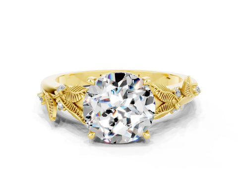 Yellow gold Round Cut Moissanite Solitaire Ring with Leaf Motif Band and Four-Prong Setting