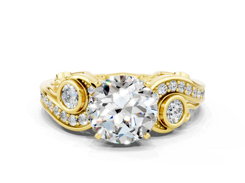 Yellow gold Round Cut Moissanite Solitaire Ring with Milgrain Pavé Band and Four-Prong Setting_24