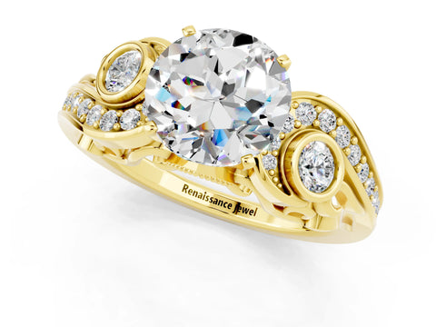 Yellow gold Round Cut Moissanite Solitaire Ring with Milgrain Pavé Band and Four-Prong Setting_25